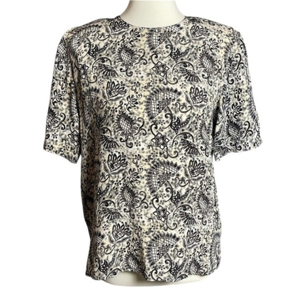 NWOT Spenser Jeremy Black Cream 100% Silk Short Sleeve Blouse - Size Medium